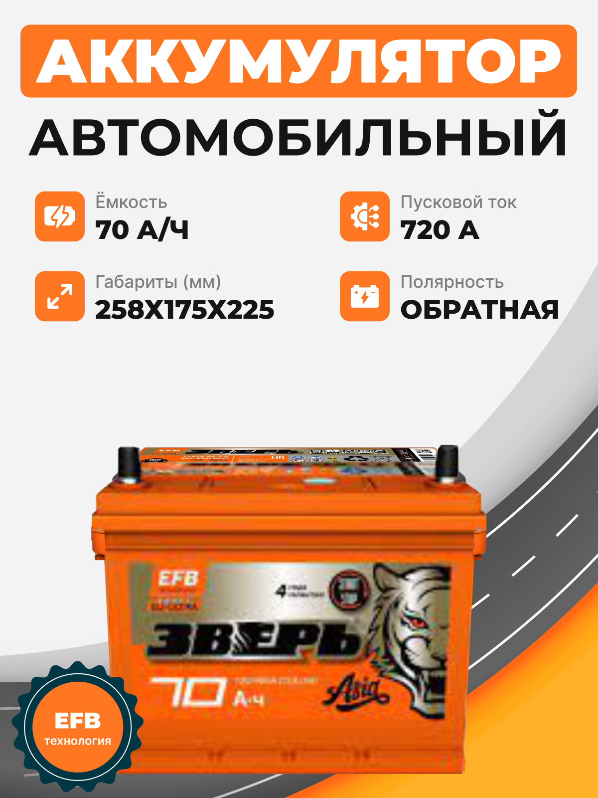 Аккумулятор Зверь Asia EFB 70 о.п. стартовый ток 720 EN ZVEFBA 70-3-R